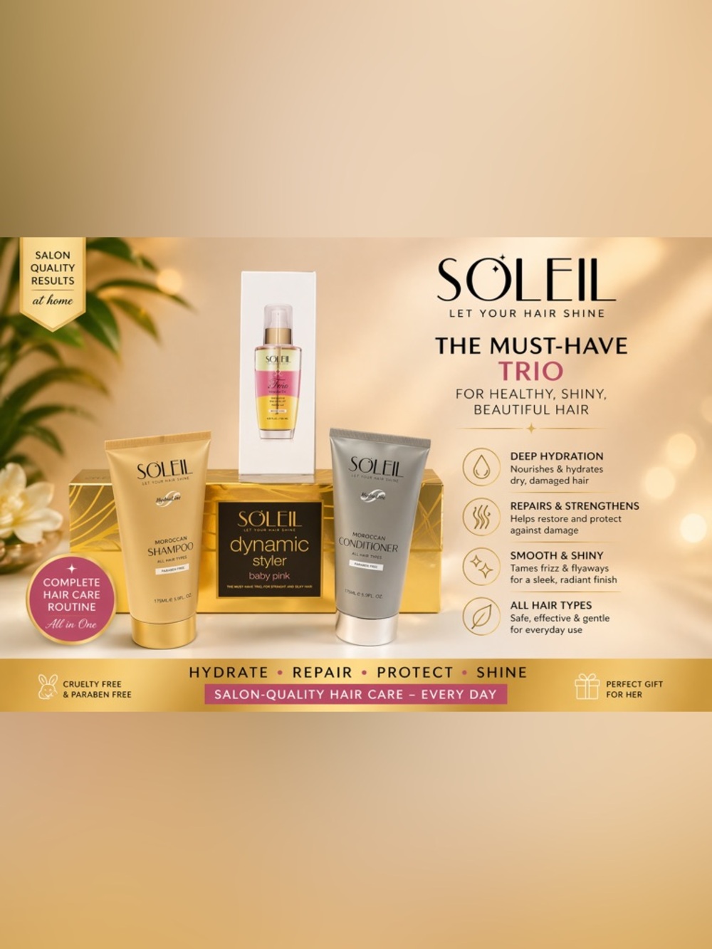 4 PIECE SET - Soleil Baby Pink Dynamic hair straightener - shampoo & Miracle Oil
